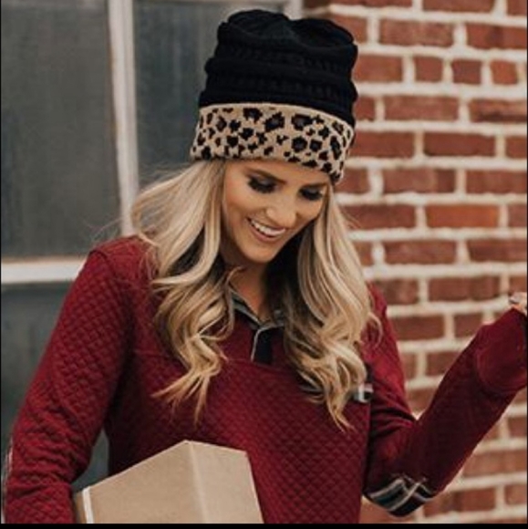 Warm and cozy C.C. black with leopard print winter beanie hat. - Picture 5 of 8